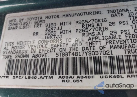 2000 Toyota Tundra Ltd V8 z USA, uszkodzony, nr VIN 5TBBT4817YS037021
